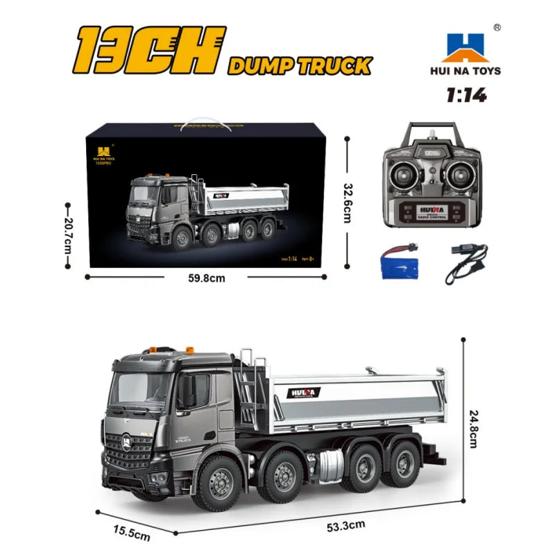 1:14 Scale HuiNa 1537 Alloy RC Dump Truck Mixer with Full Proportional Control Heavy Duty Engineering Vehicle Model Gift