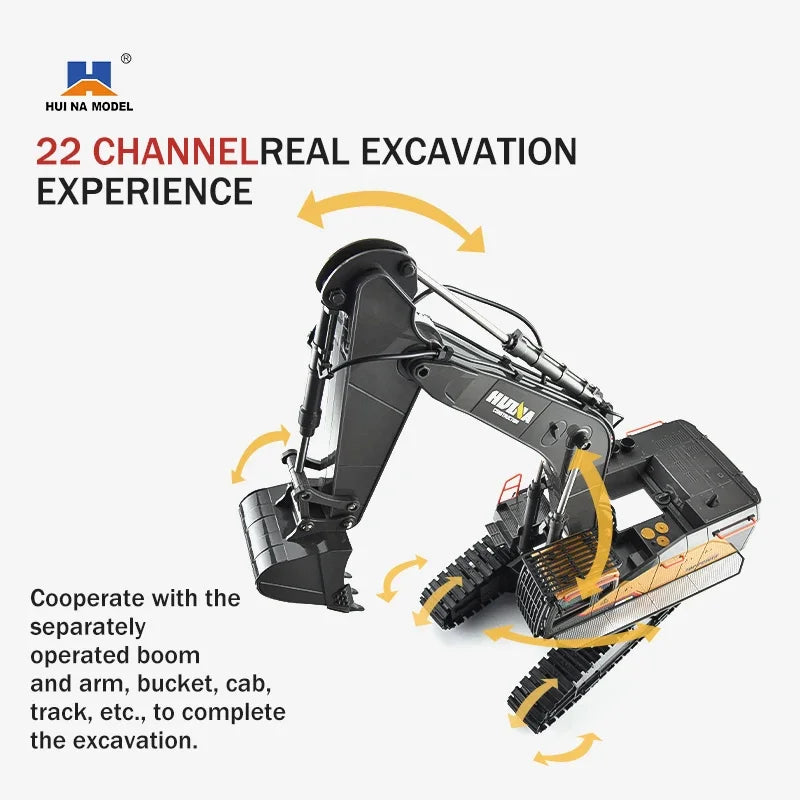 HUINA 1592 1:14 Scale RC Excavator 22 Channels 2.4G Semi-Alloy Remote Control Engineering Crawler Tractor Children's Gift