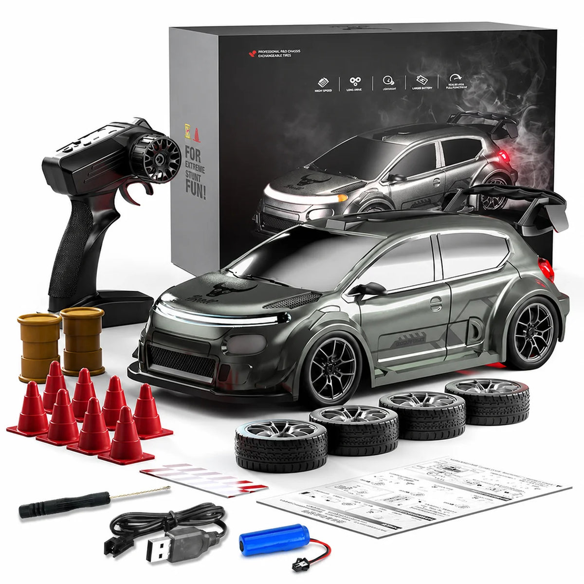 4WD High Speed RC Car 2.4G Remote Drifting Car 1:24 Scale Dual Mode One Click Switch LED Headlight Taillight Long Battery Life Racing Toy Car