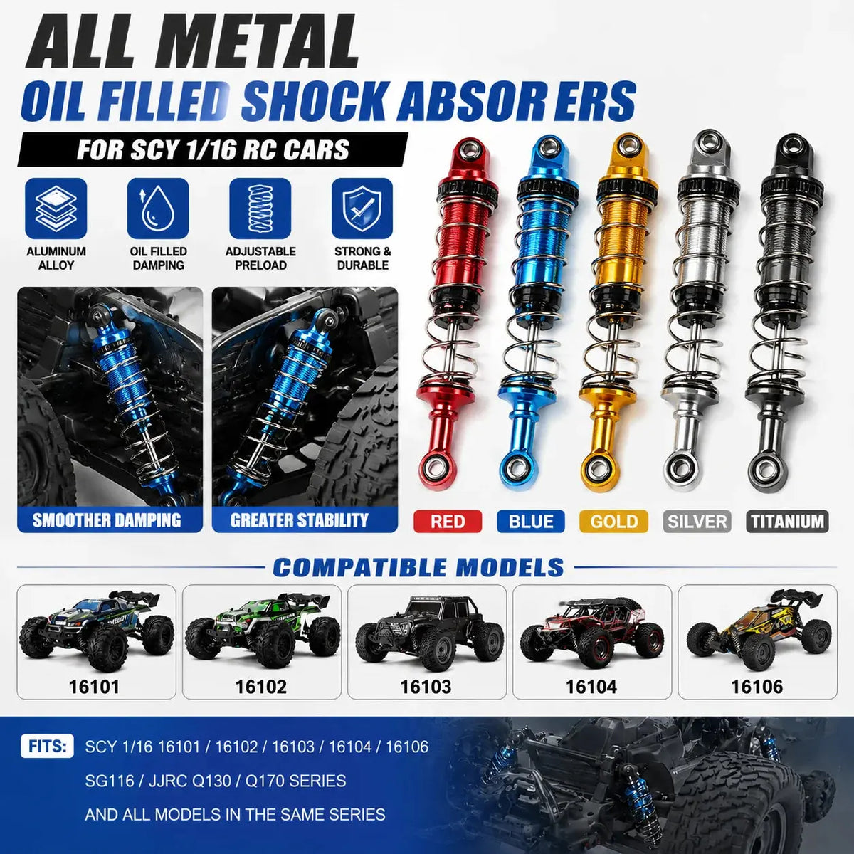 RC Car 4pcs Metal Oil Shock Absorber Damper for SCY 16101 16102 16103 16104 SG116 Q130 170 1/16 RC Car Upgrade Parts Accessories Random Recon