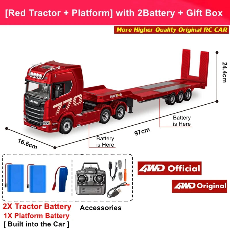 RC Semi Trailer Truck 1:18 with Sound and Lights Remote Control Flatbed Tractor Engineering Car 770S Model Toy HUINA 1501