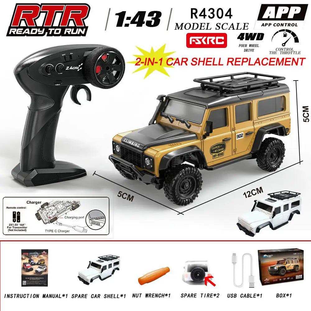 In Stock HuangBo 1:43 4WD RC Rock Crawler Car for Kids, Full Proportional Off-Road, Dual Shells, Shock Absorber Model