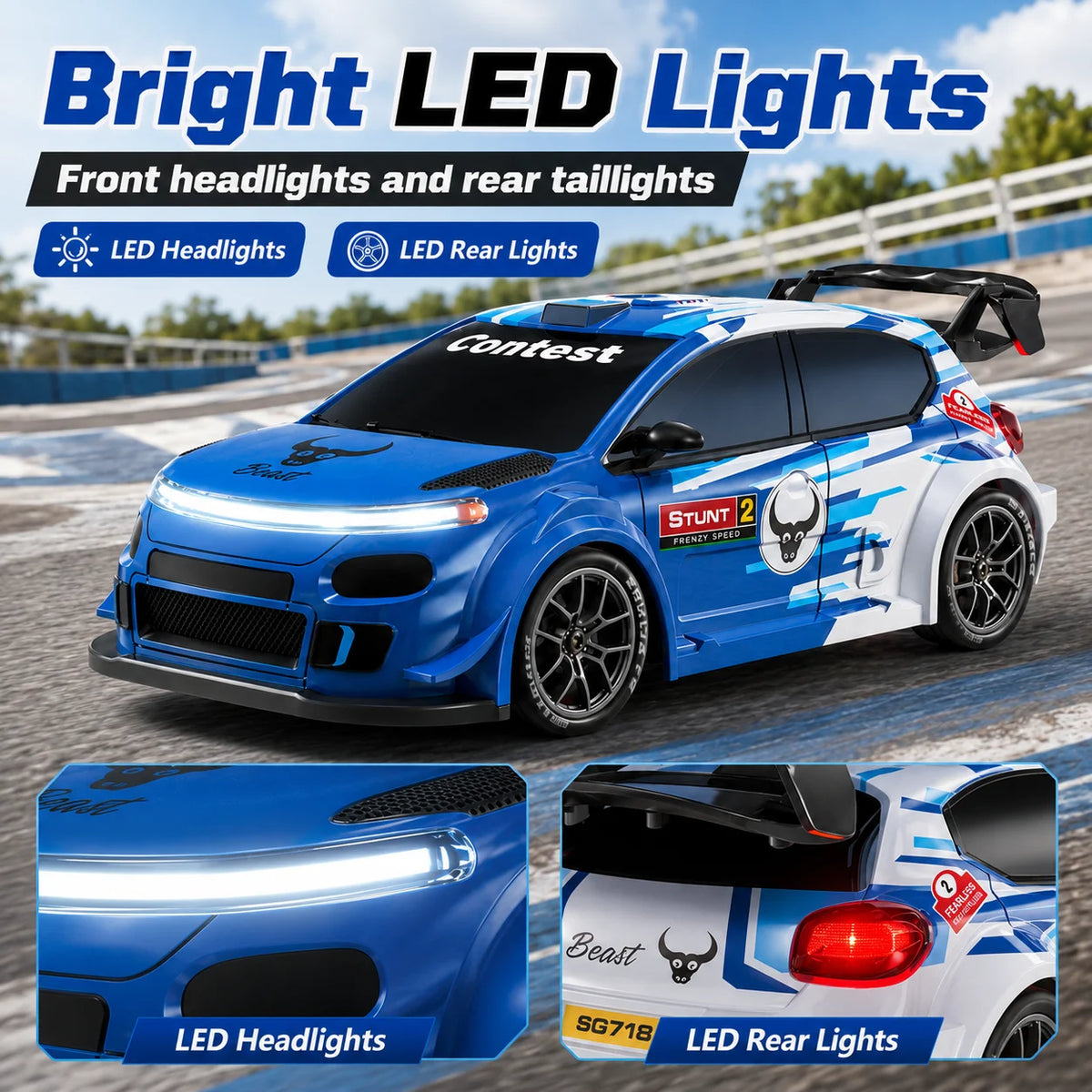 4WD High Speed RC Car 2.4G Remote Drifting Car 1:24 Scale Dual Mode One Click Switch LED Headlight Taillight Long Battery Life Racing Toy Car