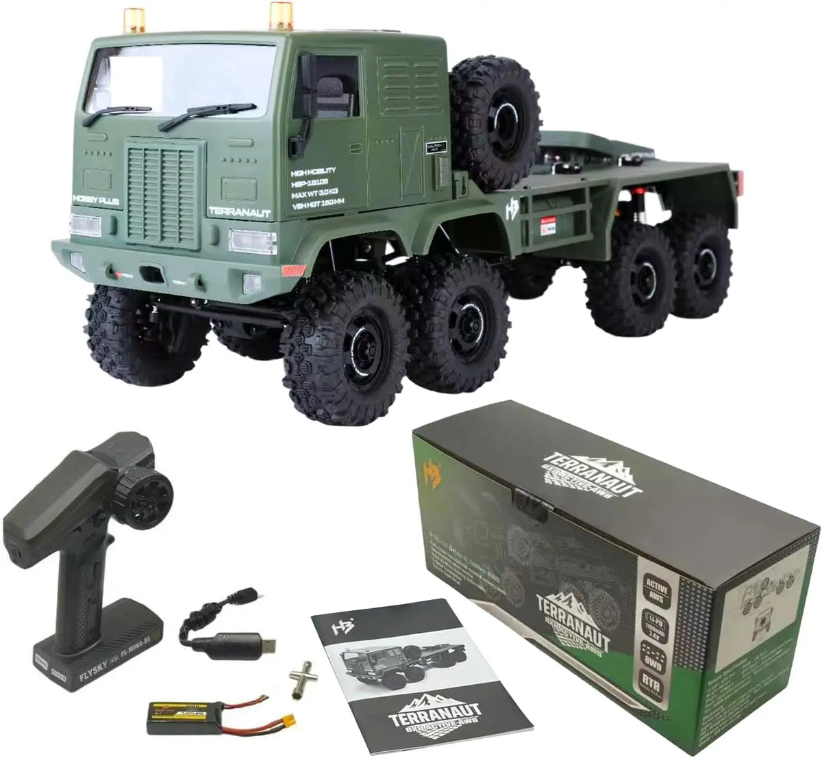 1/18 RC Crawler 8x8 Remote Control Truck, RTR Full-Lock 8WD with Active All-Wheel Steering, 2-Speed Transmission, Recovery Winch, LED Lights, Green